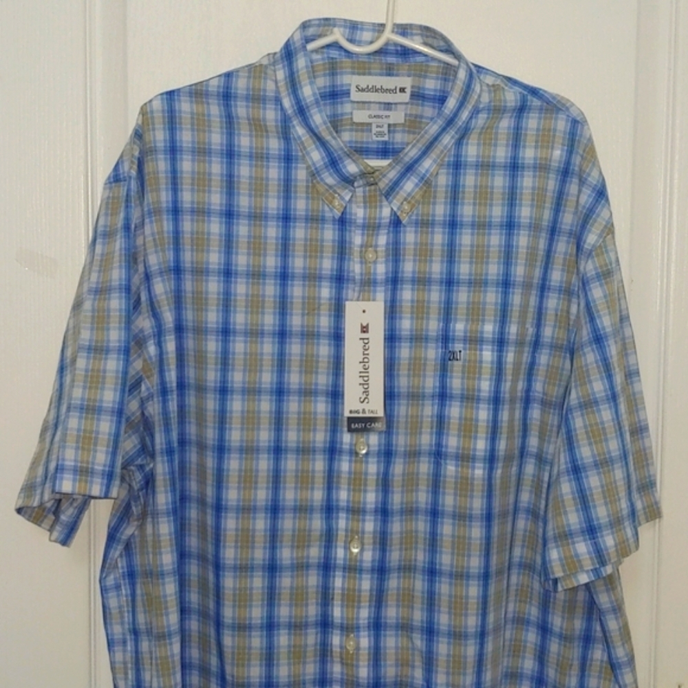 Saddlebred Blue Khaki Short Sleeve Easy Care Dress Shirt. Size 2XL Tall